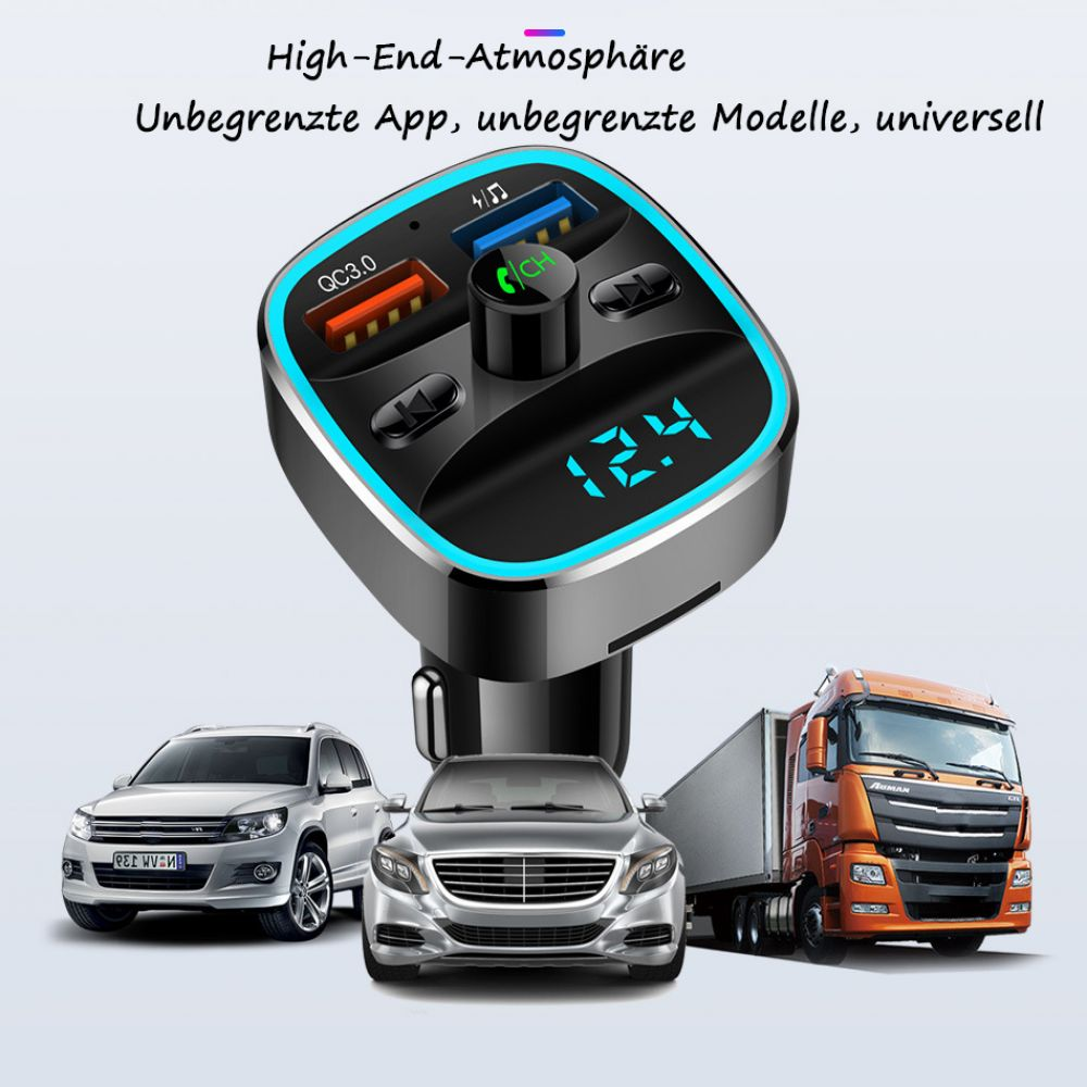 Schwarzes und blaues Autoladegerät mit digitaler Anzeige, mit Autos im Hintergrund.