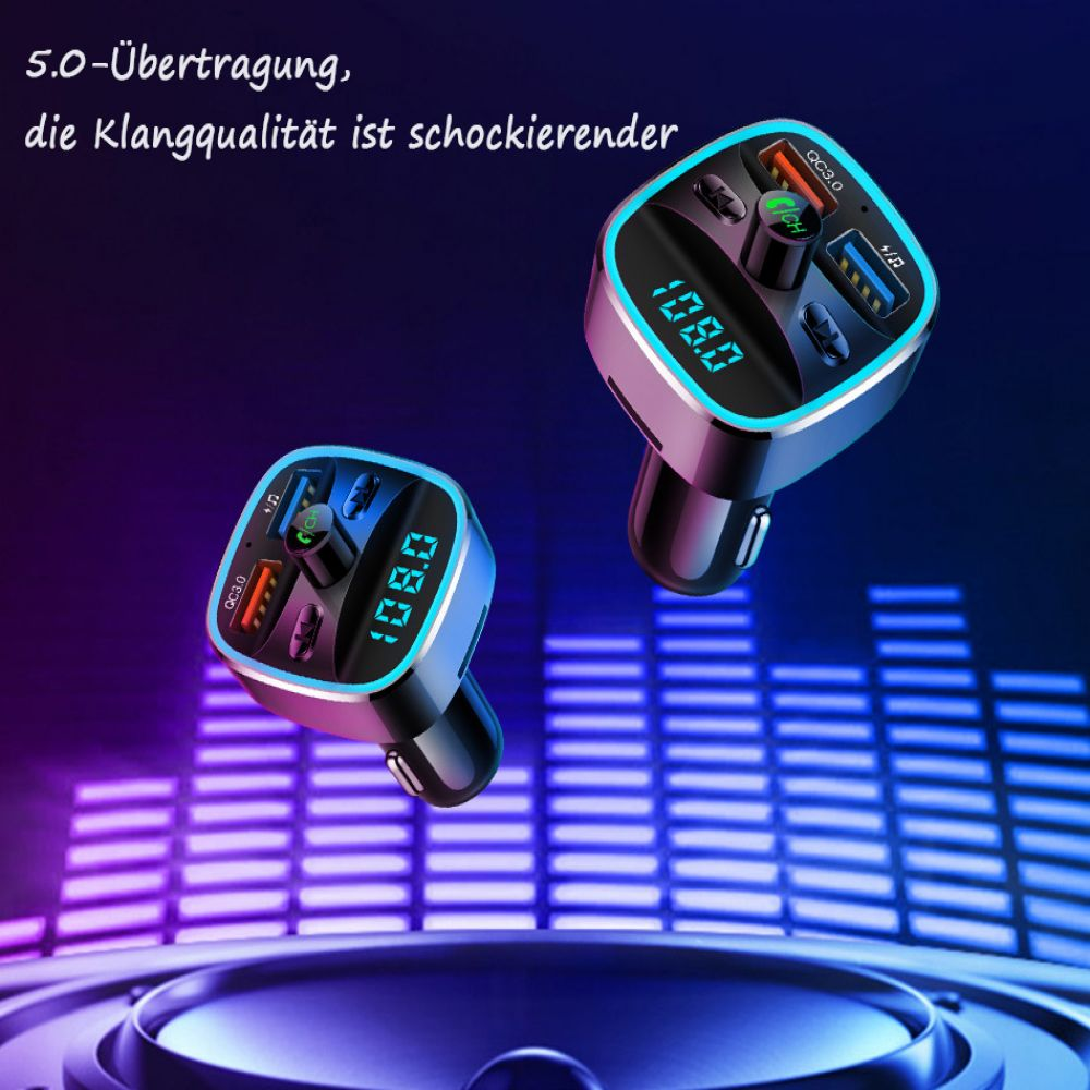 Zwei Autoladegeräte mit Bildschirmen. Der Text lautet "108.0". Lila und blauer Hintergrund.