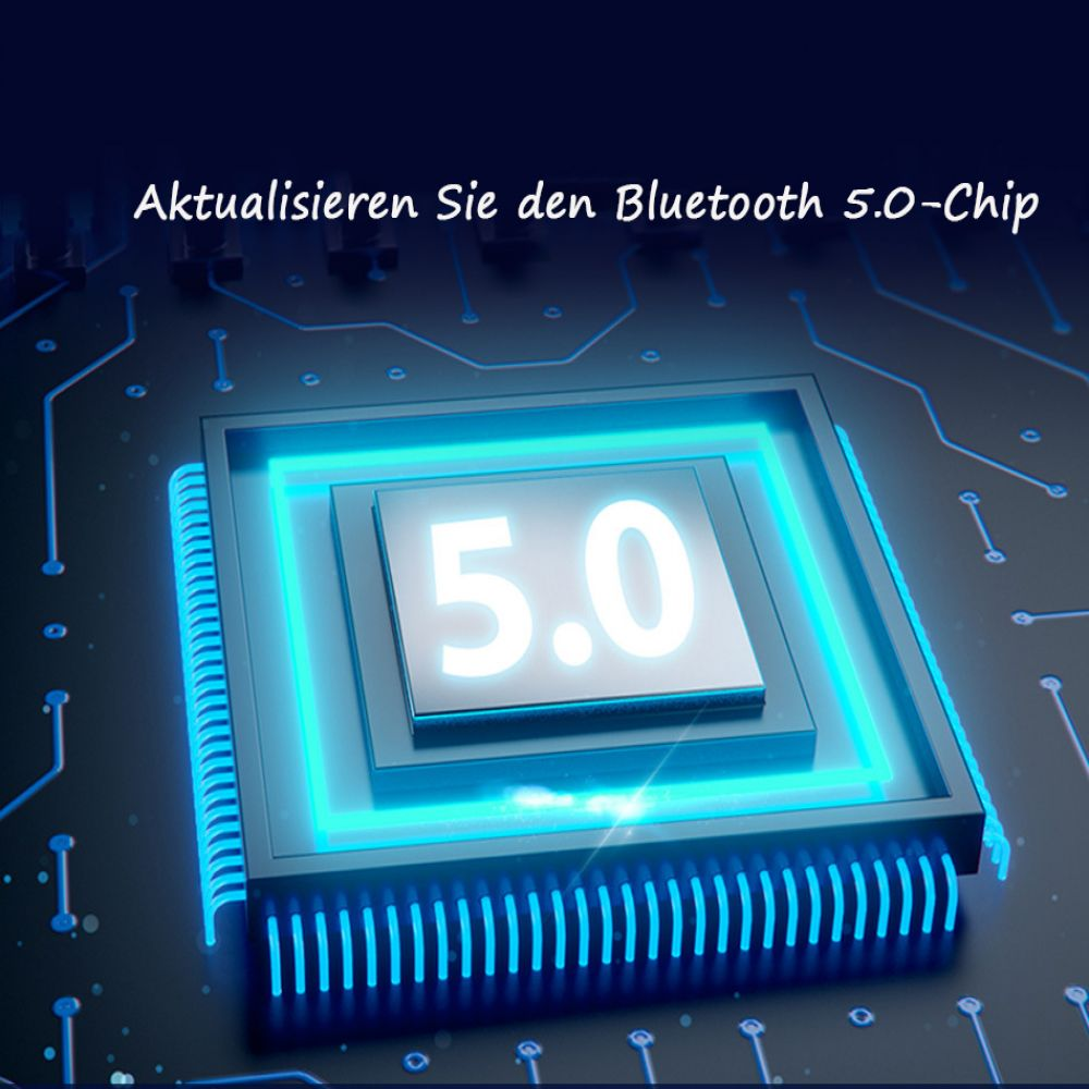 Grafik einer elektronischen Leiterplatte mit einem 5.0-Logo auf schwarzem Hintergrund, mit blauen Lichtern.
