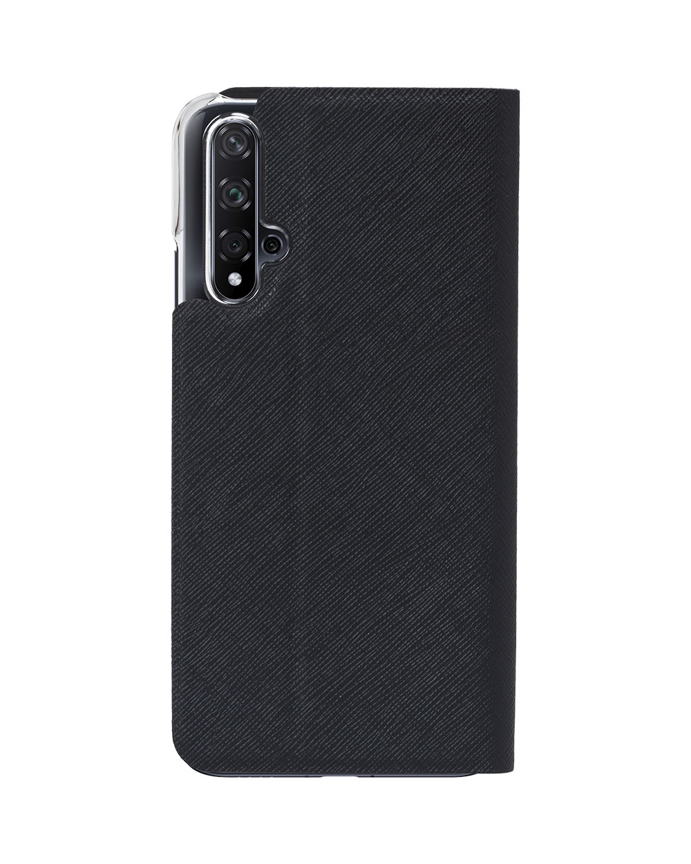 Una custodia nera per telefono con un telefono all'interno. La custodia ha una finitura strutturata e un ritaglio per la fotocamera.