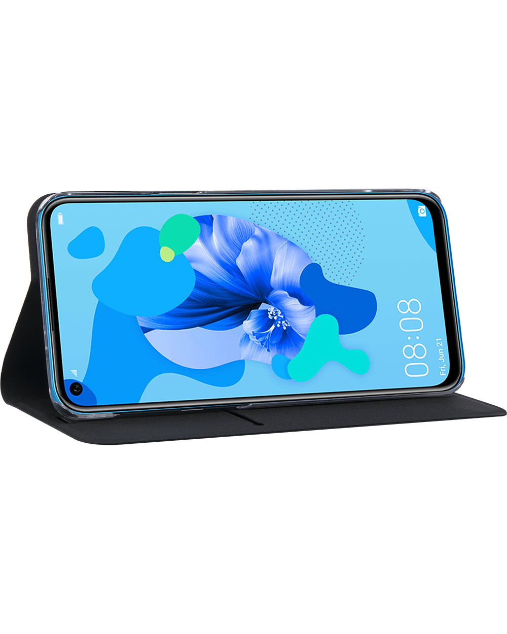 Smartphone nero in una custodia protettiva, che mostra uno schermo floreale blu e bianco.