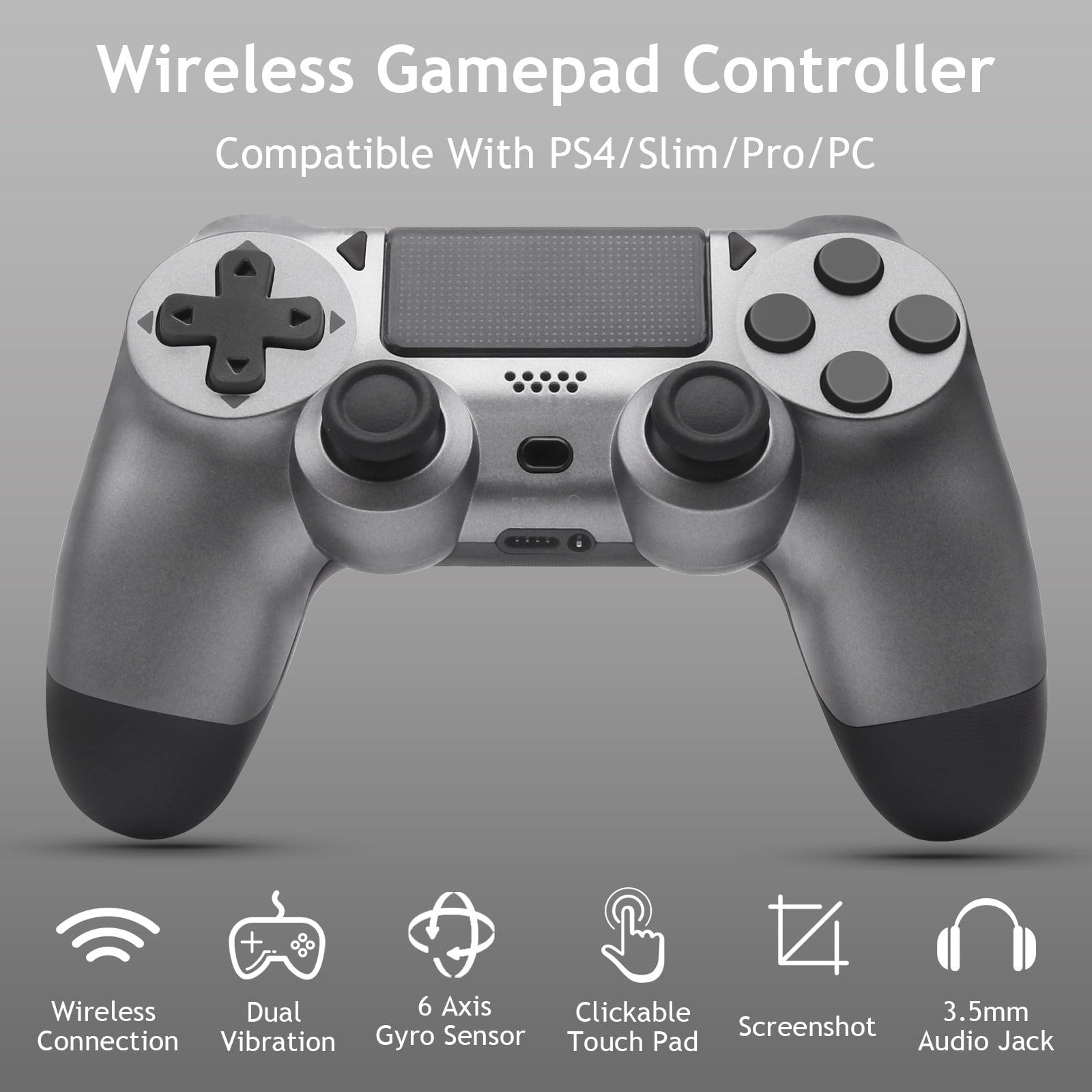 Silberner kabelloser Gamepad-Controller mit Tasten, Pfeilen und einem Touchpad.