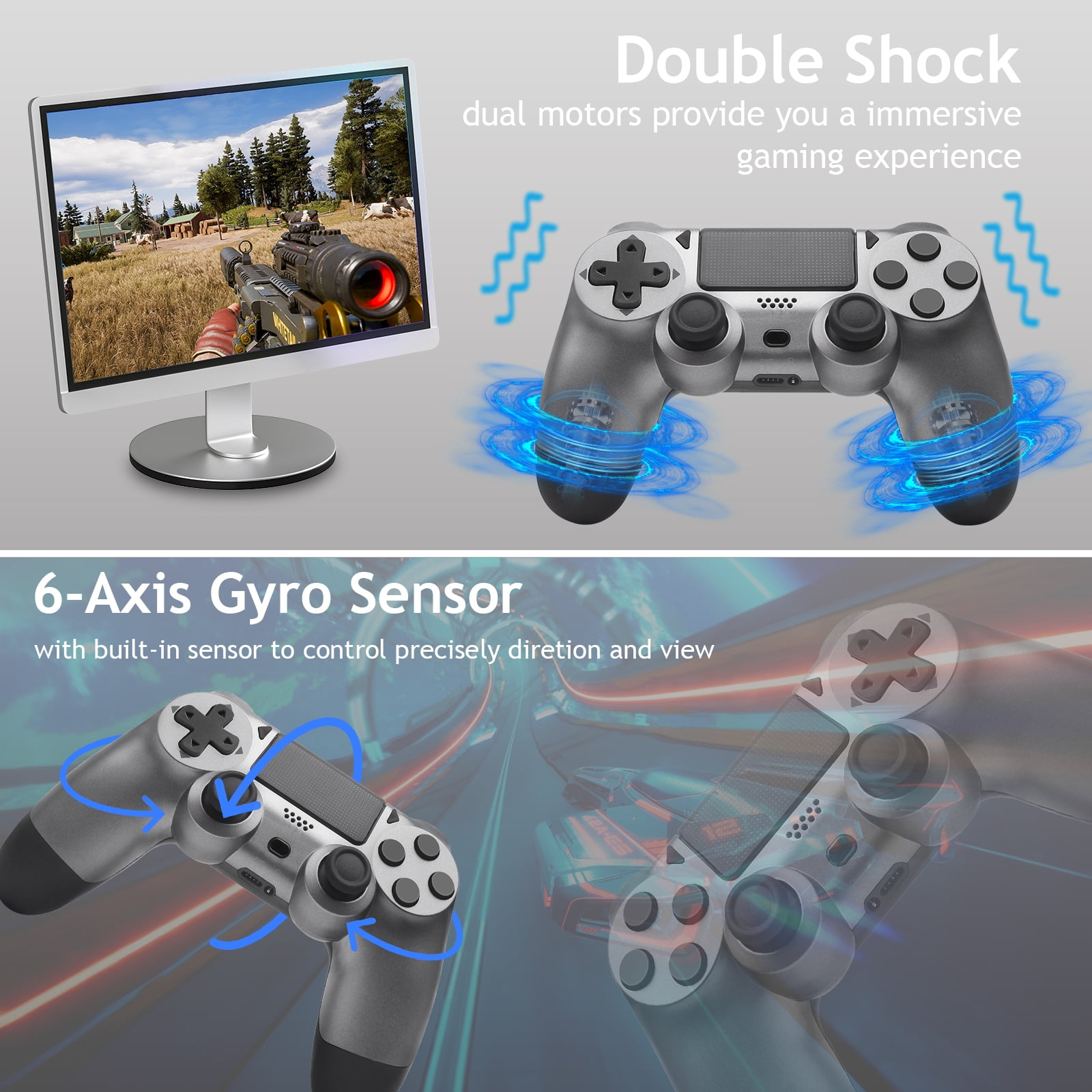 Das Bild zeigt einen Monitor mit einem Spiel und einen Gamecontroller mit einem 6-Achsen-Gyrosensor.