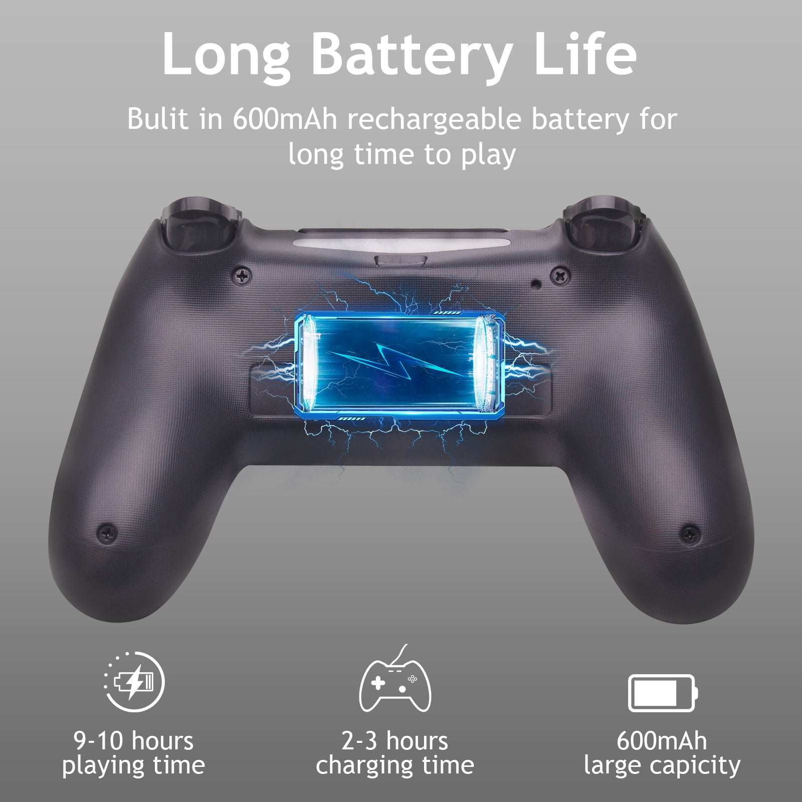 Schwarzer Gamecontroller mit offenem Batteriefach, das eine Batterie zeigt.