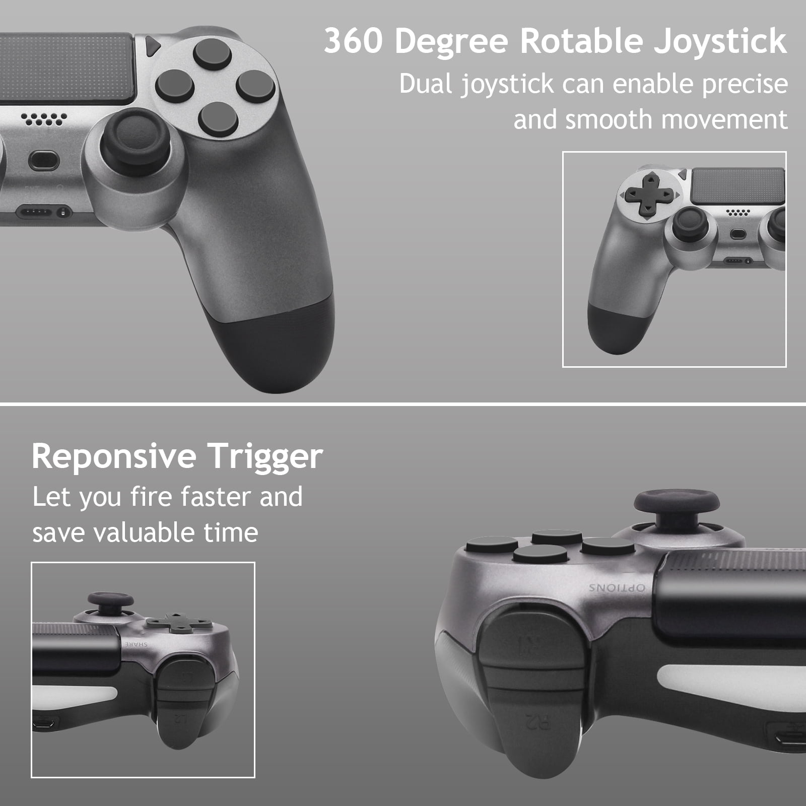 Zwei graue Gamecontroller. Einer wird von vorne und der andere von hinten gezeigt. Text ist sichtbar.