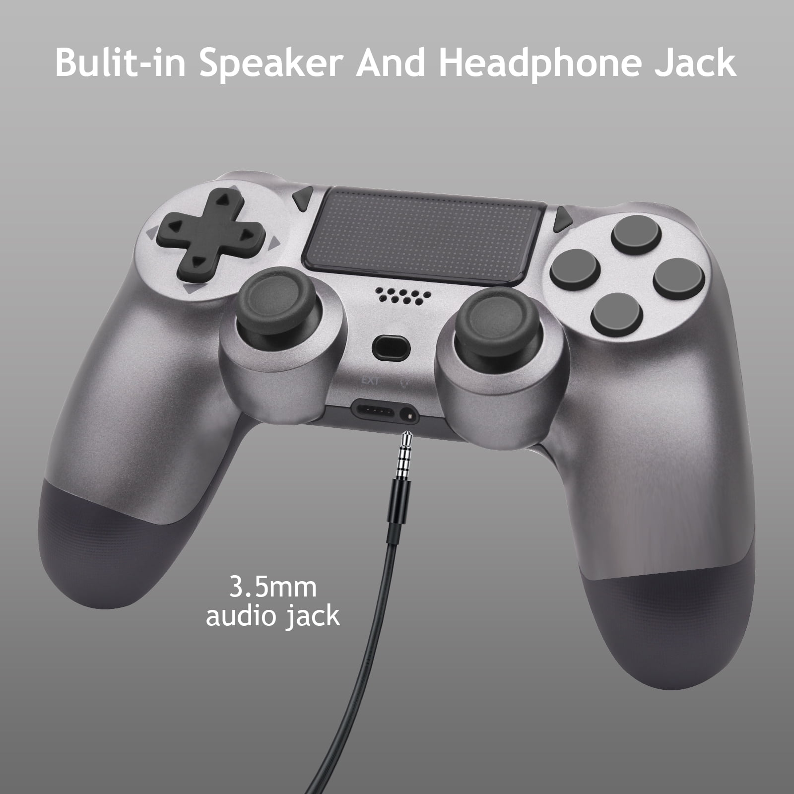 Grauer Gamecontroller mit 3,5-mm-Audioanschluss. Text: 'Eingebauter Lautsprecher und Kopfhöreranschluss'.