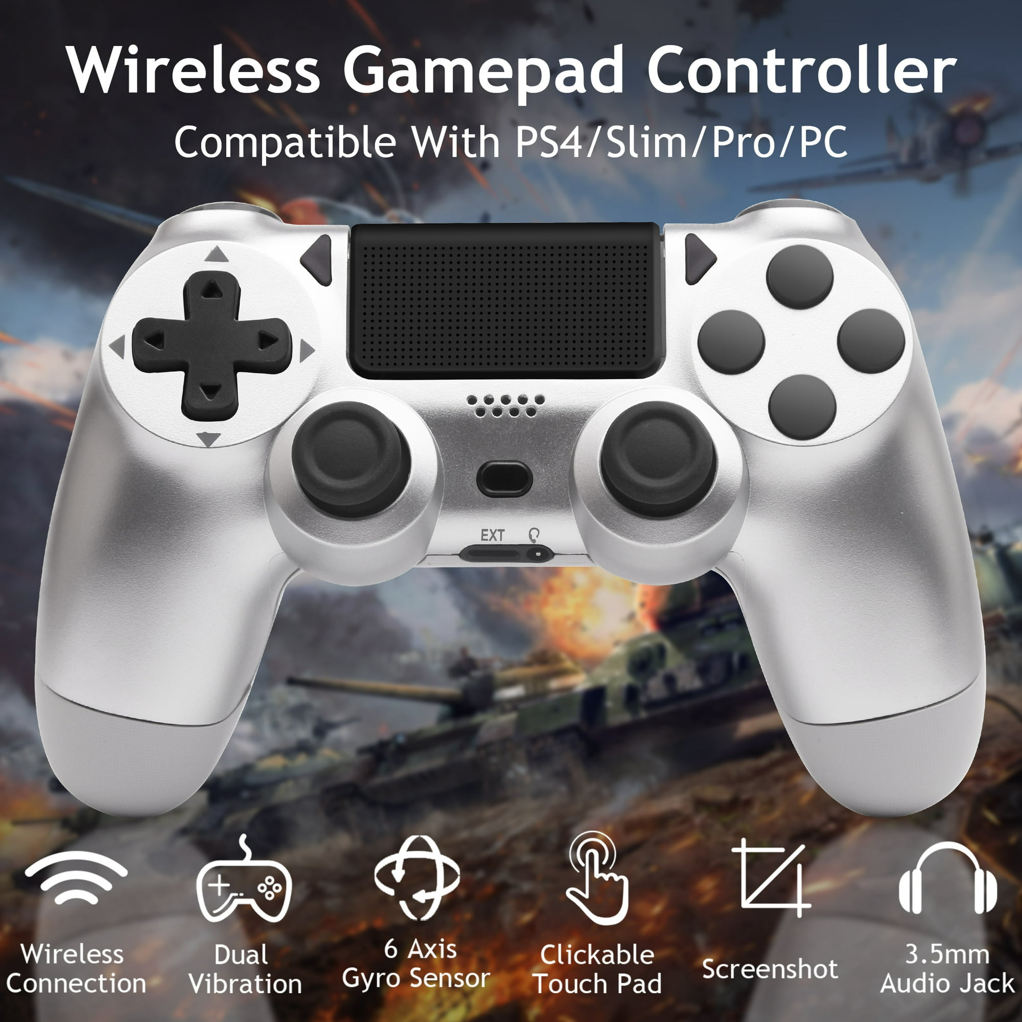 Silberfarbener kabelloser Gamecontroller mit Knöpfen und Symbolen. Schwarzes Kreuz.