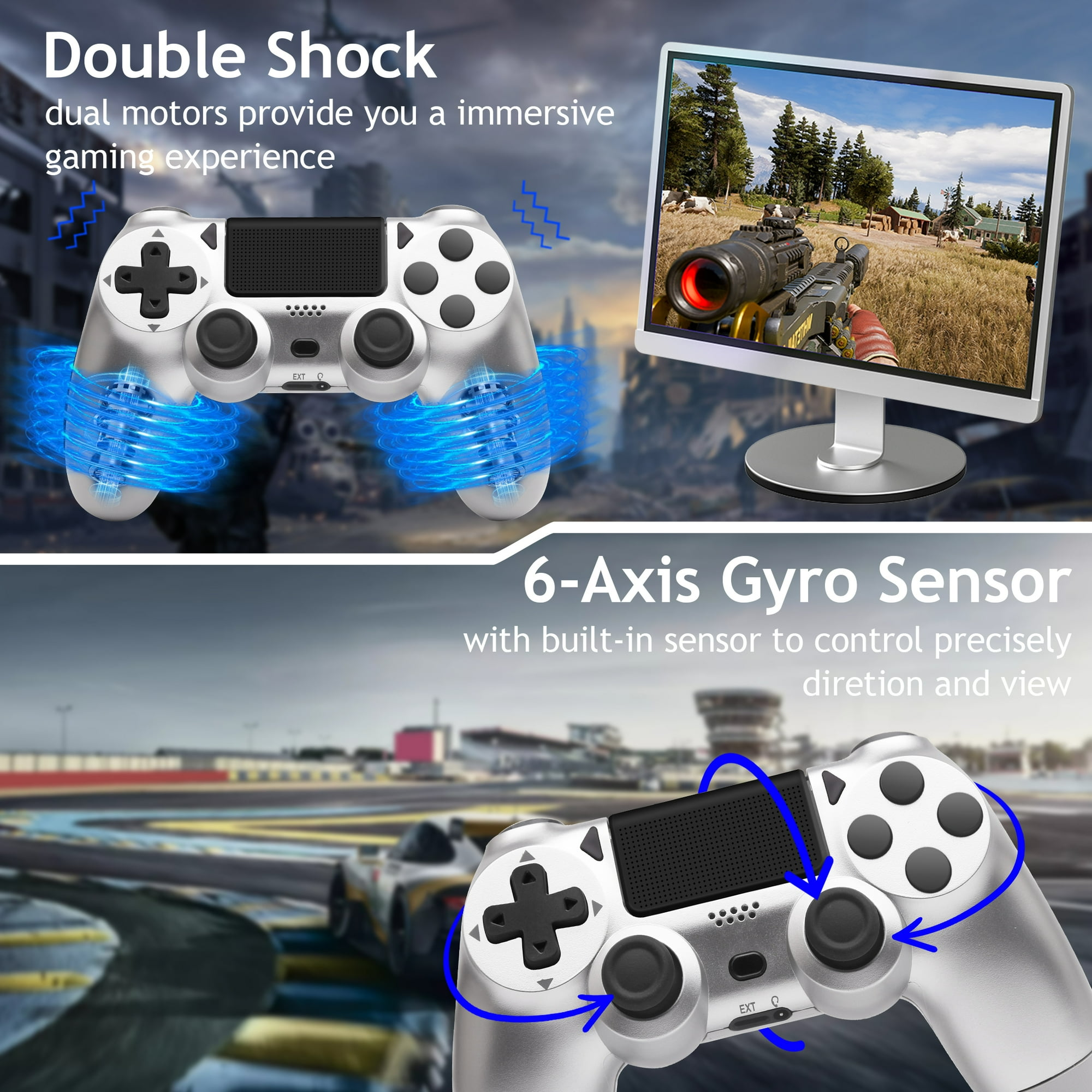 Zwei silberne Gamecontroller. Einer zeigt Bewegung. Ein Monitor zeigt eine Spielszene.
