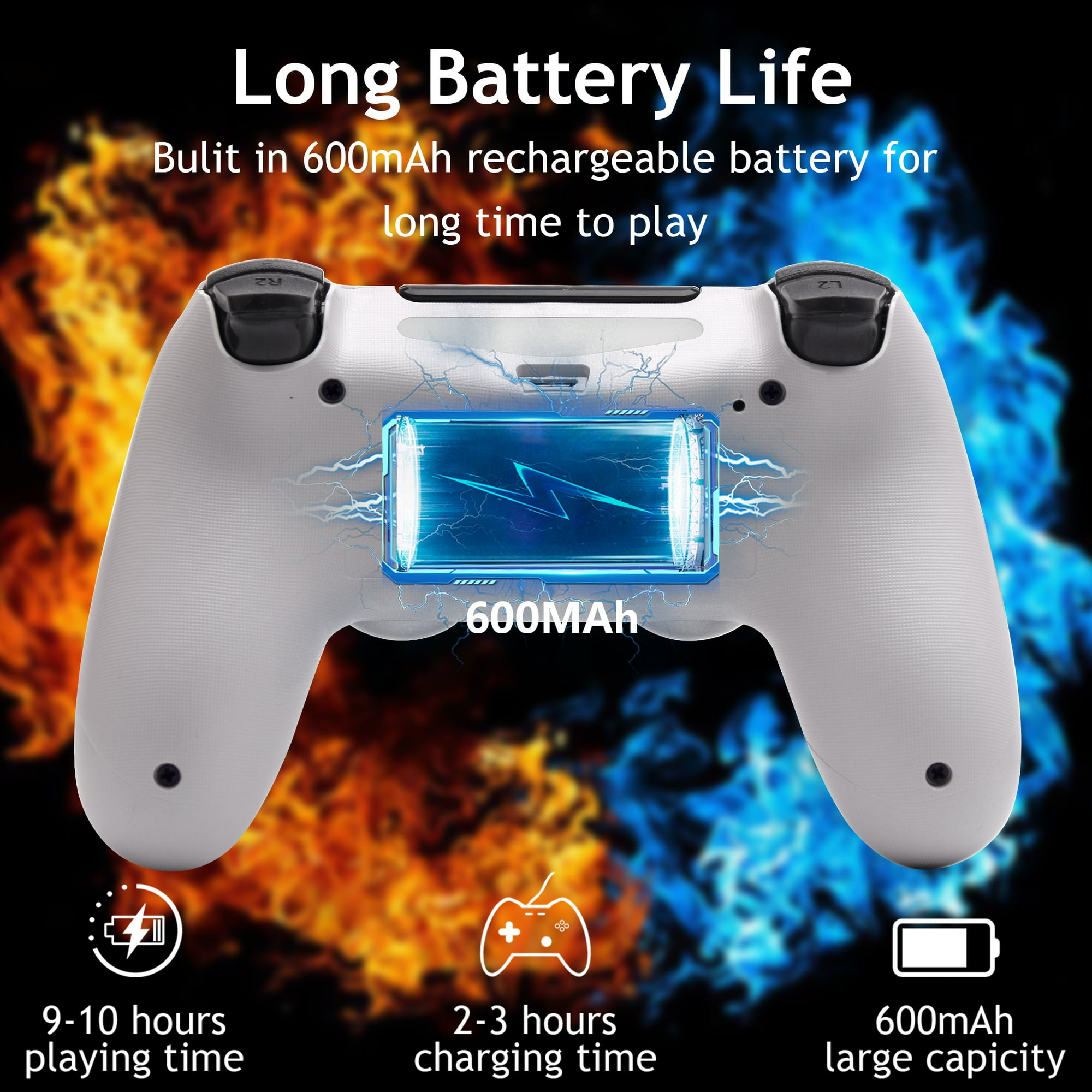 Ein weißer Gaming-Controller mit einem blau hervorgehobenen Akkusymbol und Text. Auf schwarzem Hintergrund.