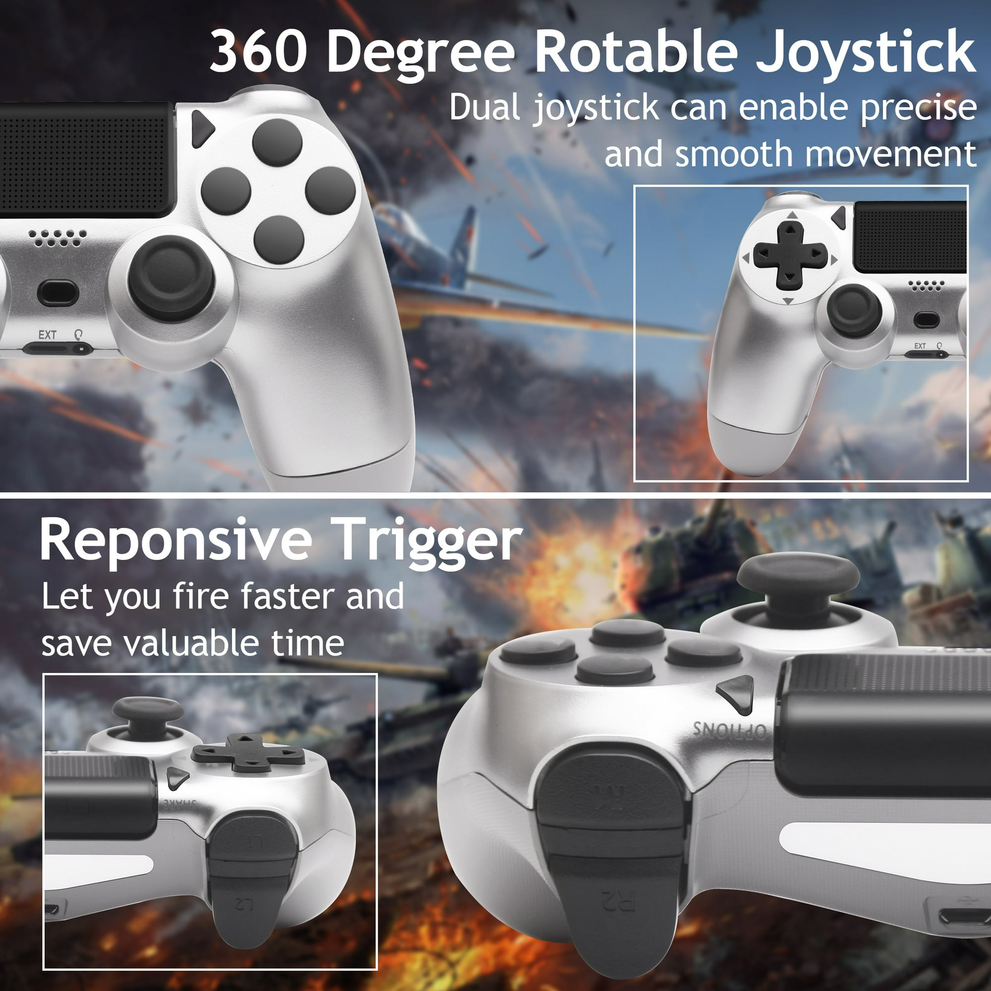 Bild eines Spielekonsolen-Controllers mit Text zur Beschreibung der Funktionen. Silber und Schwarz.