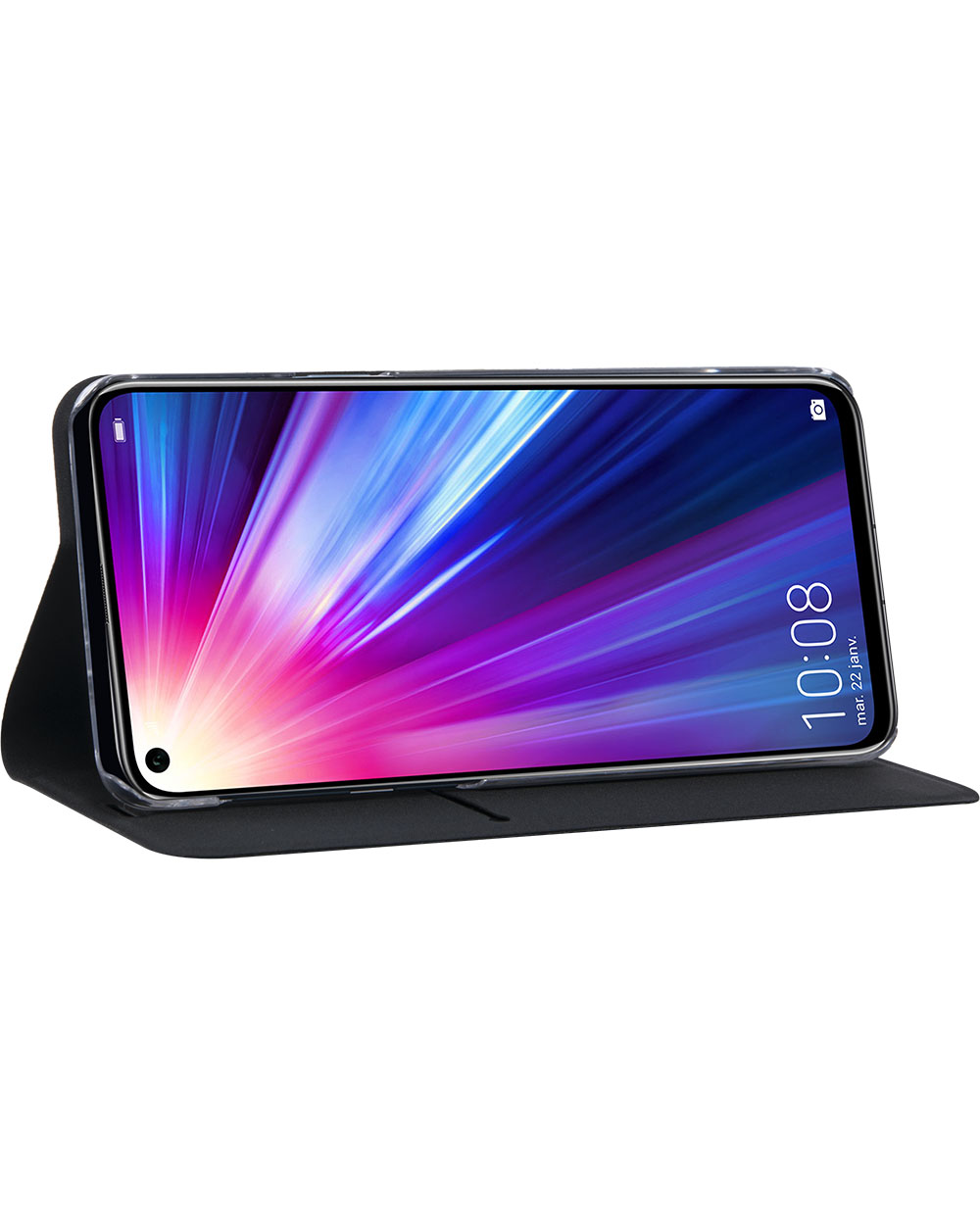 Uno smartphone in una custodia nera è visualizzato, con lo schermo che mostra l'ora 10:08 AM.