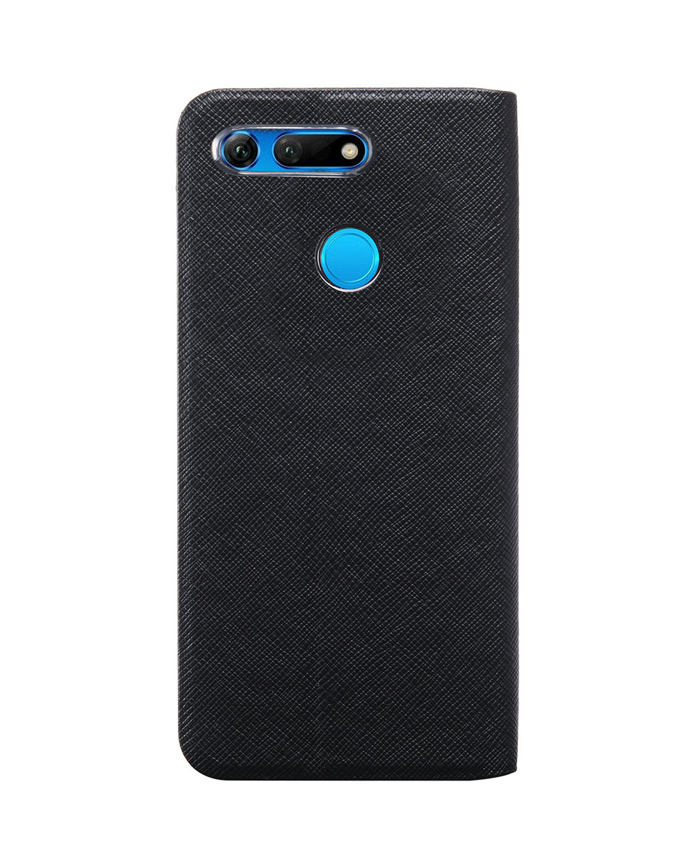 Il retro di uno smartphone in una custodia nera. Sfondo bianco.