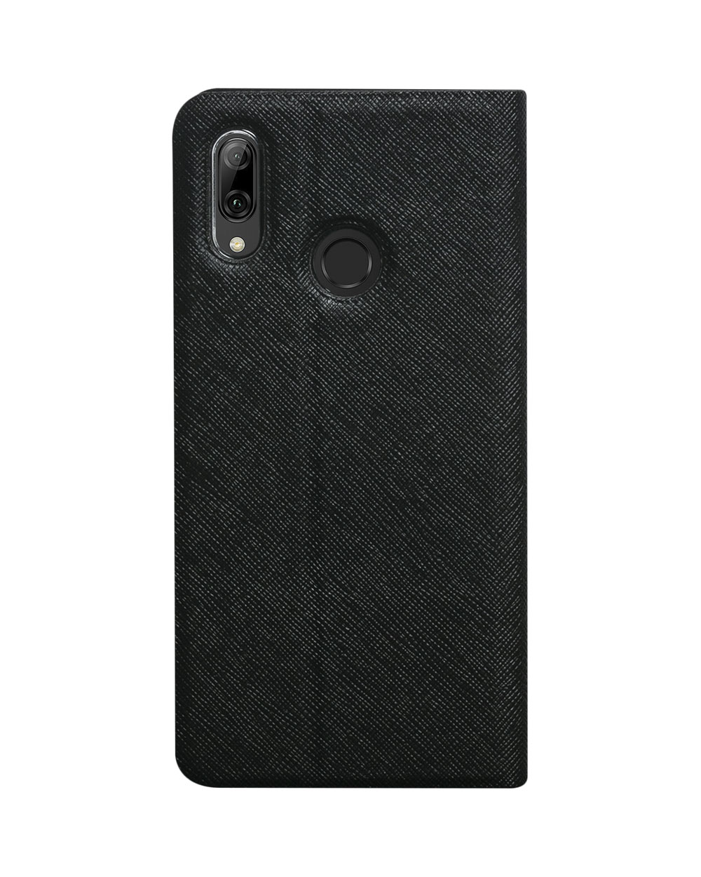 Una custodia per telefono nera, chiusa, con ritagli per fotocamera e pulsanti.