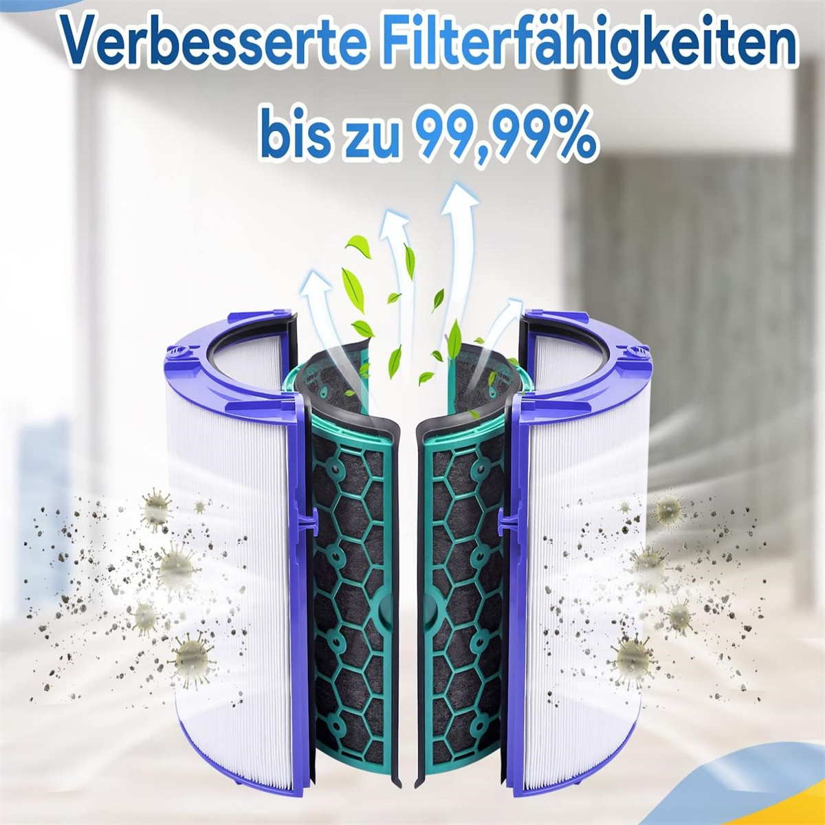 Luftfilter. Blauer und weißer Filter mit Text und Pfeilen, mit schwebenden Partikeln.