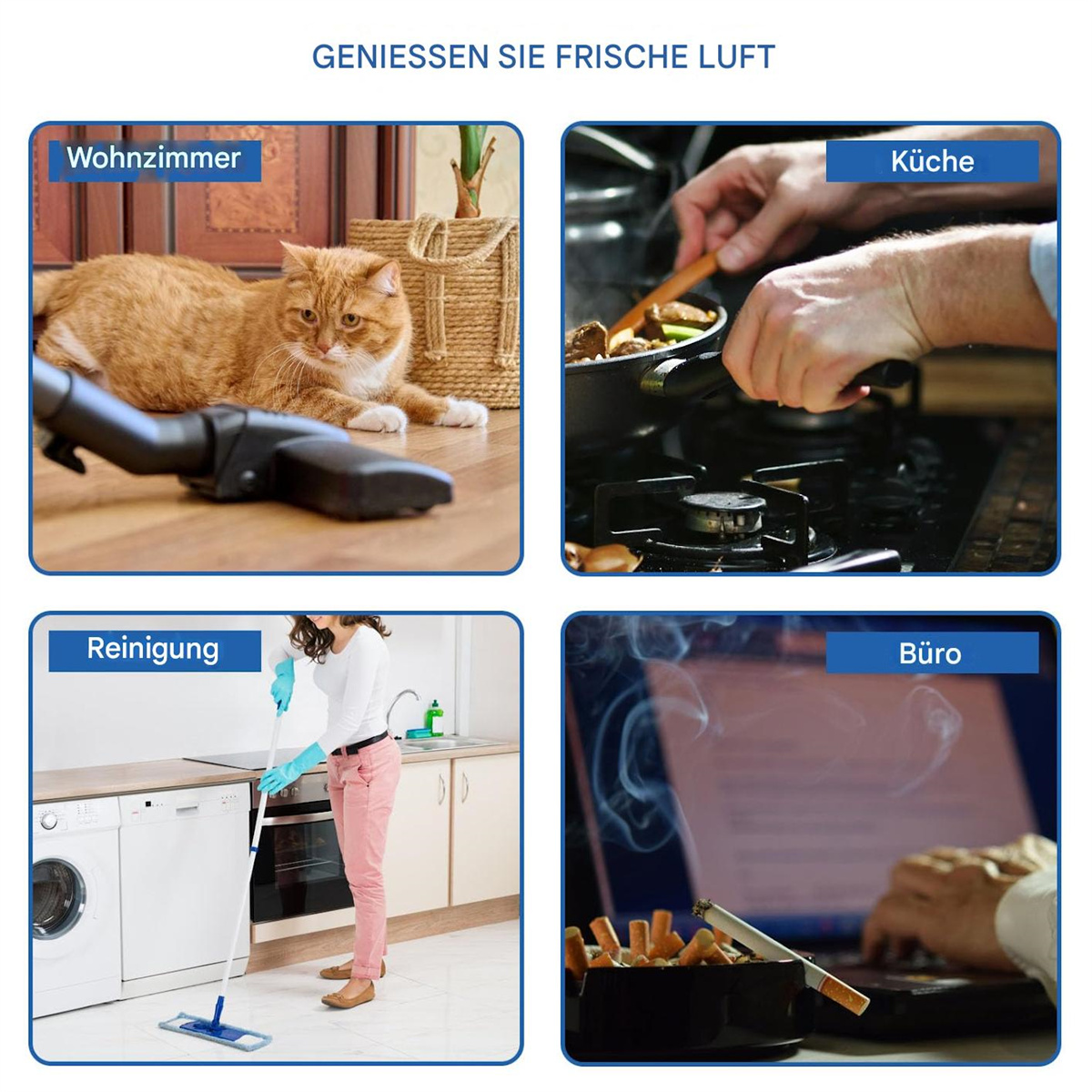 Ein Bild zeigt vier Szenen: Wohnzimmer mit Katze, Küche mit Kochen, Reinigung und Büro mit Rauchen.