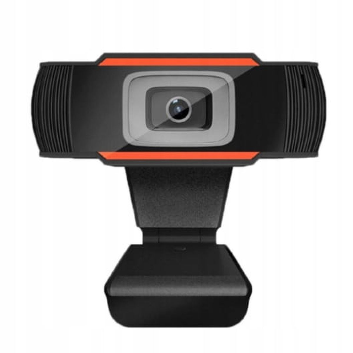 Schwarze Webcam mit Linse, orangefarbenen Akzenten und Ständer auf weißem Hintergrund.