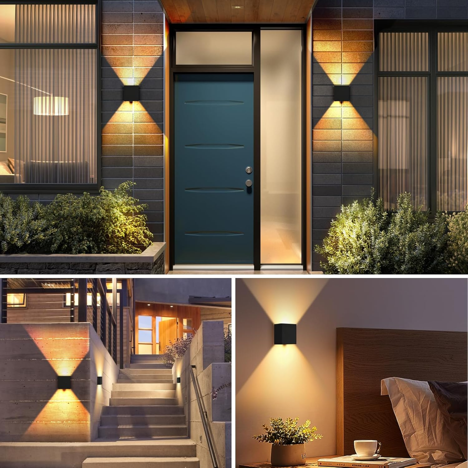 Modernes Hausäußeres mit Wandleuchten. Beinhaltet Haustür und Lichter an der Seite des Eingangs und Treppe.
