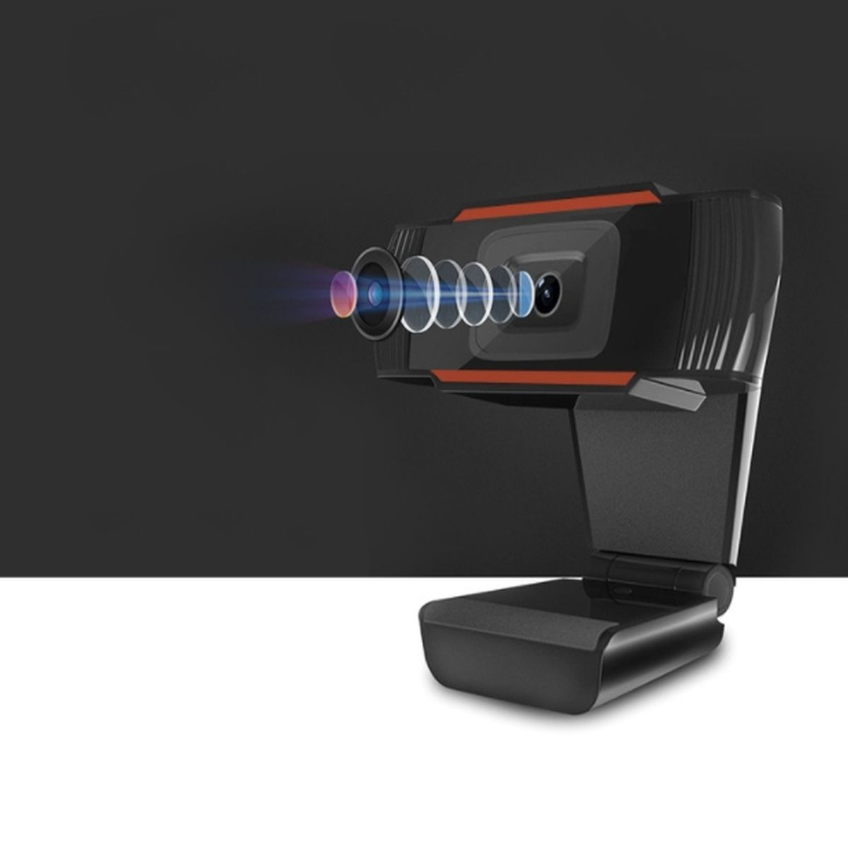 Eine schwarze und orangefarbene Webcam mit einer Reihe von Linsen. Sie steht auf einem schwarzen Ständer.