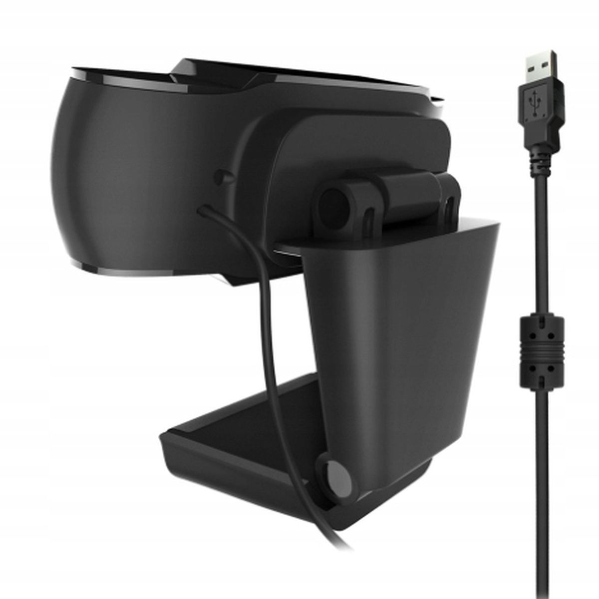 Schwarze Webcam mit USB-Kabel. Die Webcam hat eine quadratische Form und eine Linse. Das Kabel hat einen USB-Anschluss.