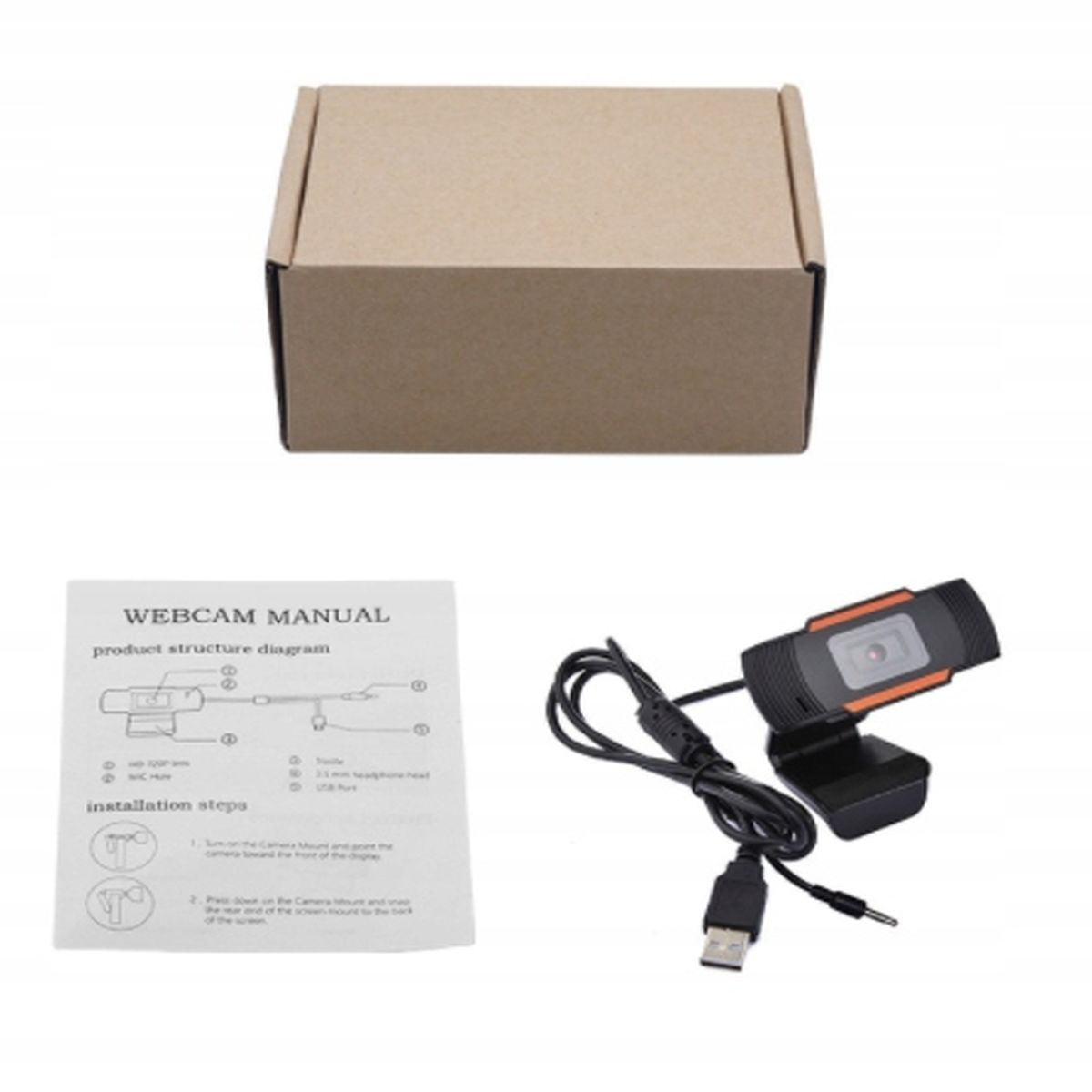 Kamera internetowa, pudełko i instrukcja. Kamera czarno-pomarańczowa z kablem USB. Instrukcja pokazuje diagramy.