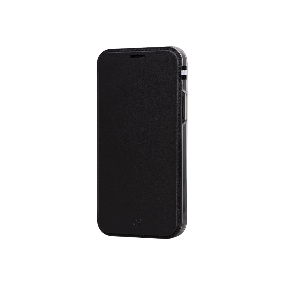 Una custodia per telefono nera e chiusa. Design minimalista. Elegante e semplice.