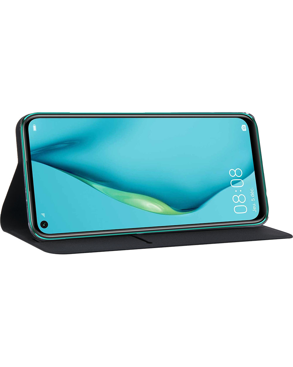 Uno smartphone in una custodia, che mostra uno schermo turchese con l'ora 08:08, la custodia è nera.