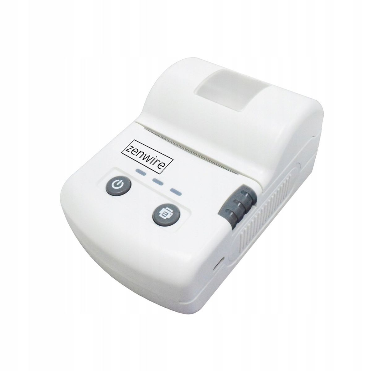 Biała drukarka termiczna z przyciskami zasilania i drukowania oraz małym wyświetlaczem. Marka to Zenwire.