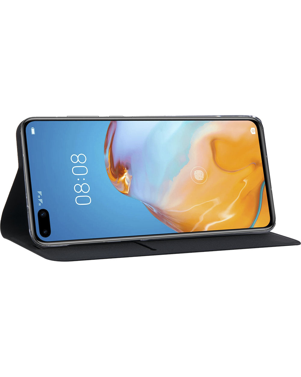 Uno smartphone in una custodia protettiva, nero, con schermo trasparente che mostra l'ora 08:08. Lo sfondo è bianco.