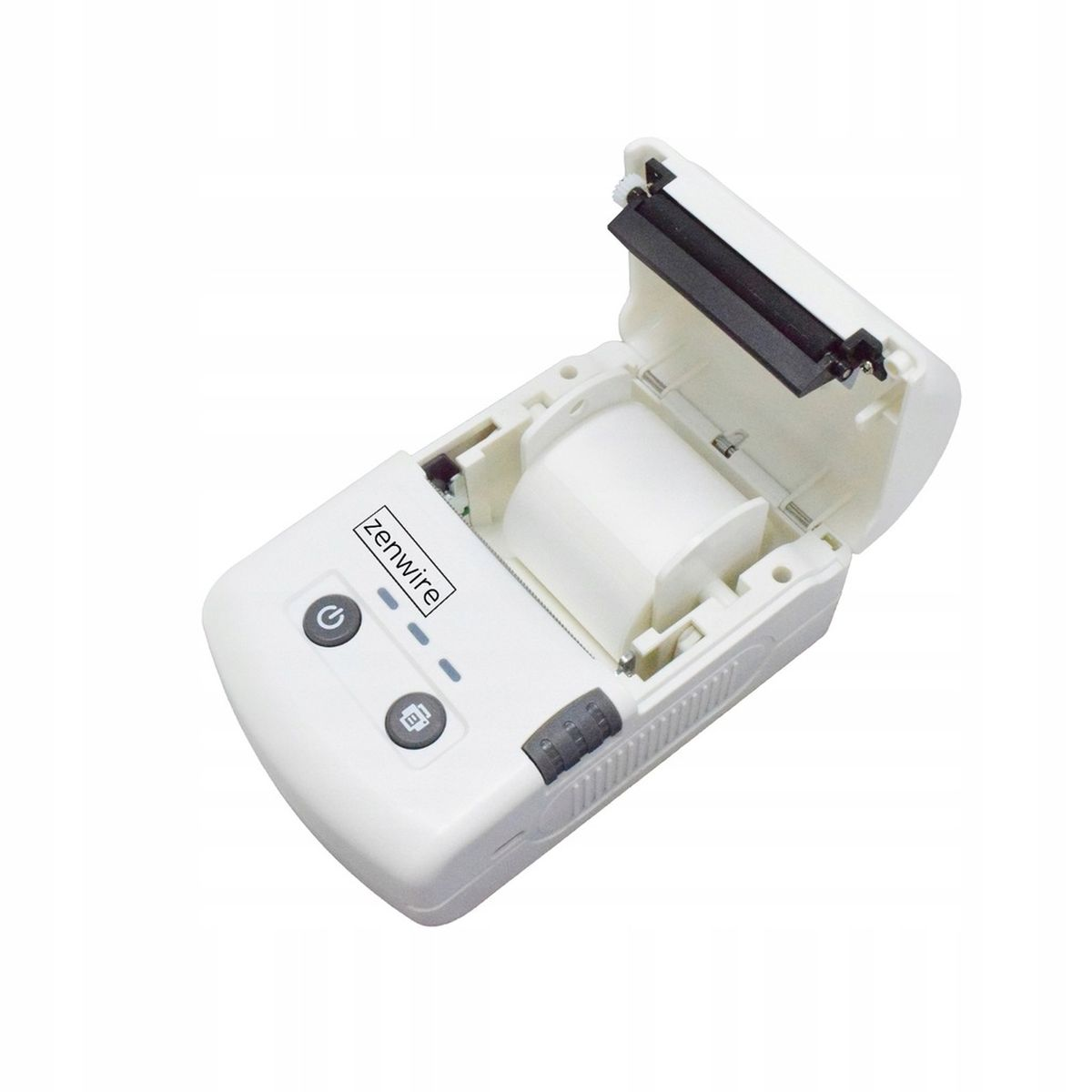 Biała drukarka termiczna, otwarta, z rolką papieru i logo Zenwire.