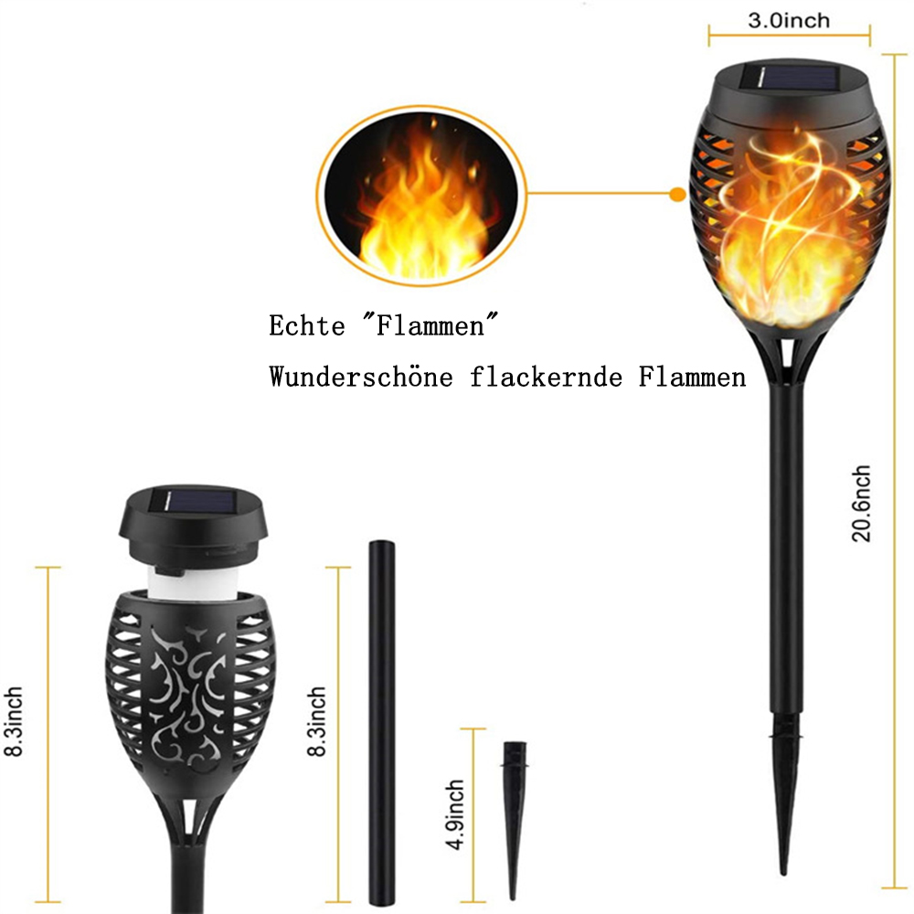 Solar Flammenlichter. Schwarzer Sockel, Flammeneffekt und Maße.