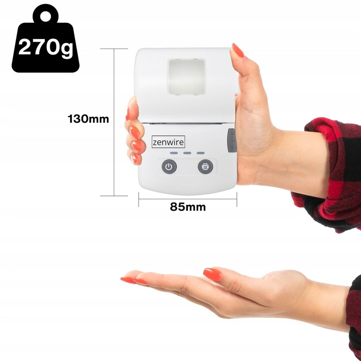 Dłoń trzymająca białą drukarkę, z wymiarami i wagą.