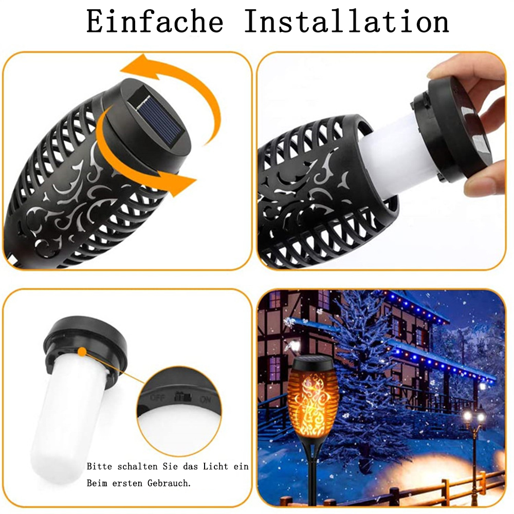 Schritt-für-Schritt-Bilder zeigen die Montage einer solarbetriebenen Fackel mit flammenartigen LED-Lichtern.