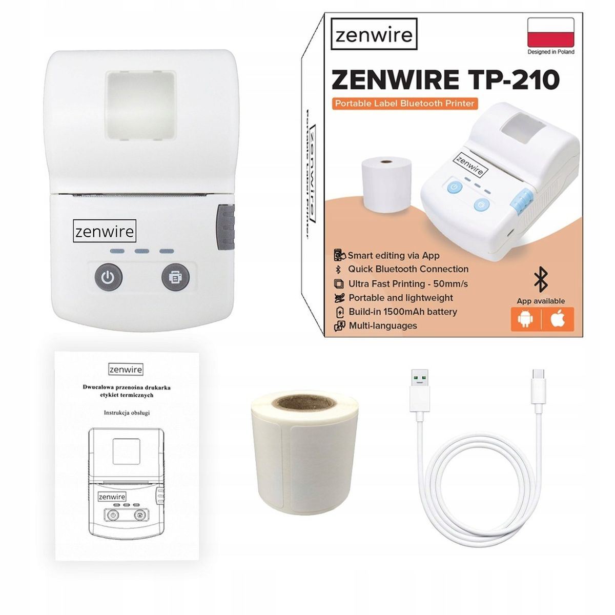 Biała przenośna drukarka etykiet, z rolką etykiet, kablem USB i instrukcją obsługi.