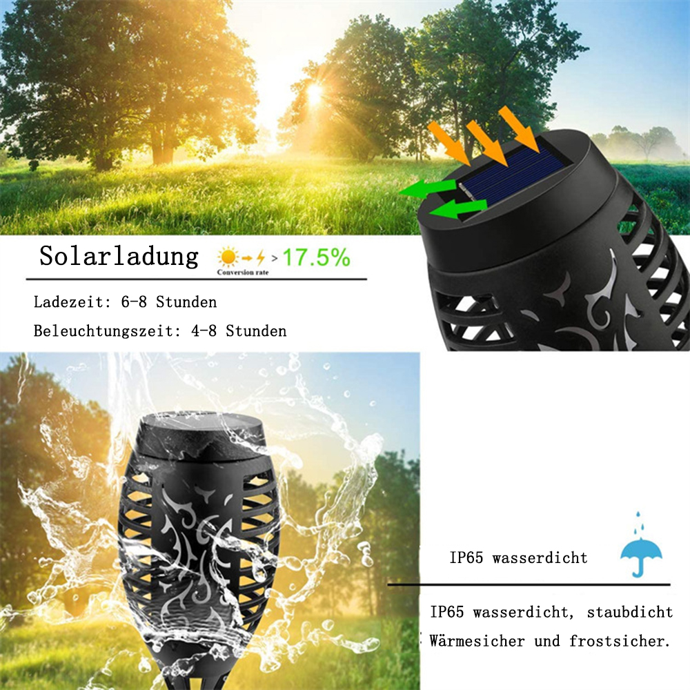 Solarfackel mit Wasserspritzer-Illustration und Text. Zeigt Solarpanel und Ladeinformationen, wasserdicht.