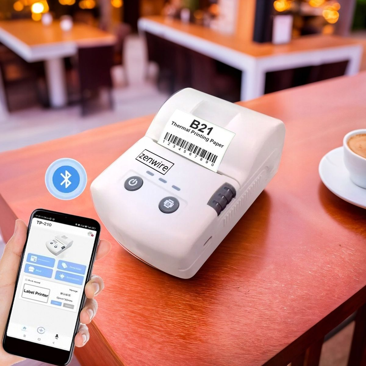 Biała drukarka termiczna z etykietą. Telefon z aplikacją drukarki na stole.