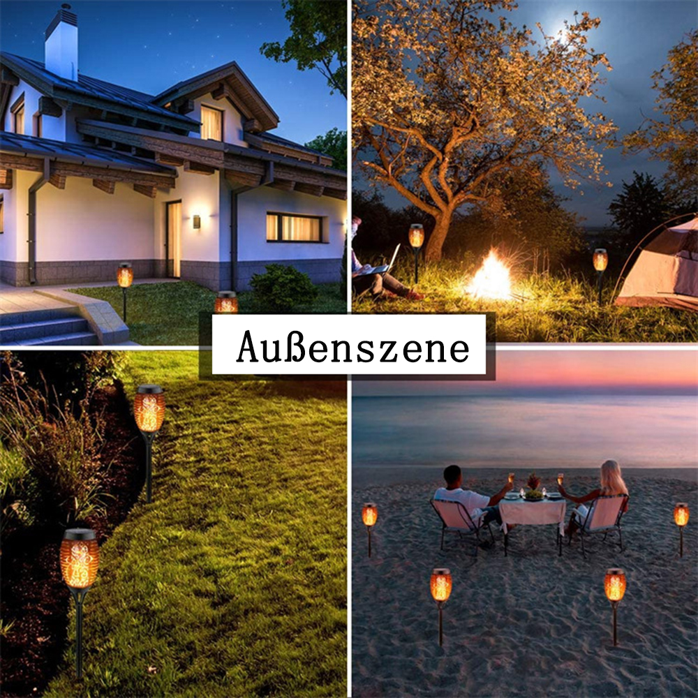 Bilder, die Außeneinstellungen mit fackelförmigen Fackeln zeigen: Garten, Strand und eine Lagerfeuerszene.