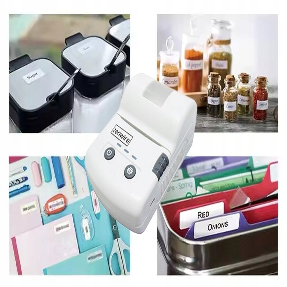 Etykiety, etykieciarka i przyprawy w słoikach, prezentujące organizację.