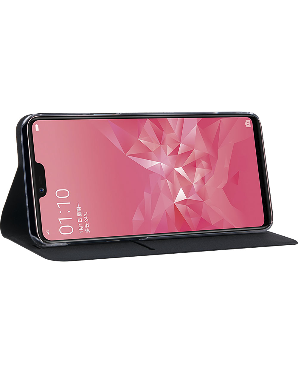 Uno smartphone con display rosa in una custodia a portafoglio nera aperta.