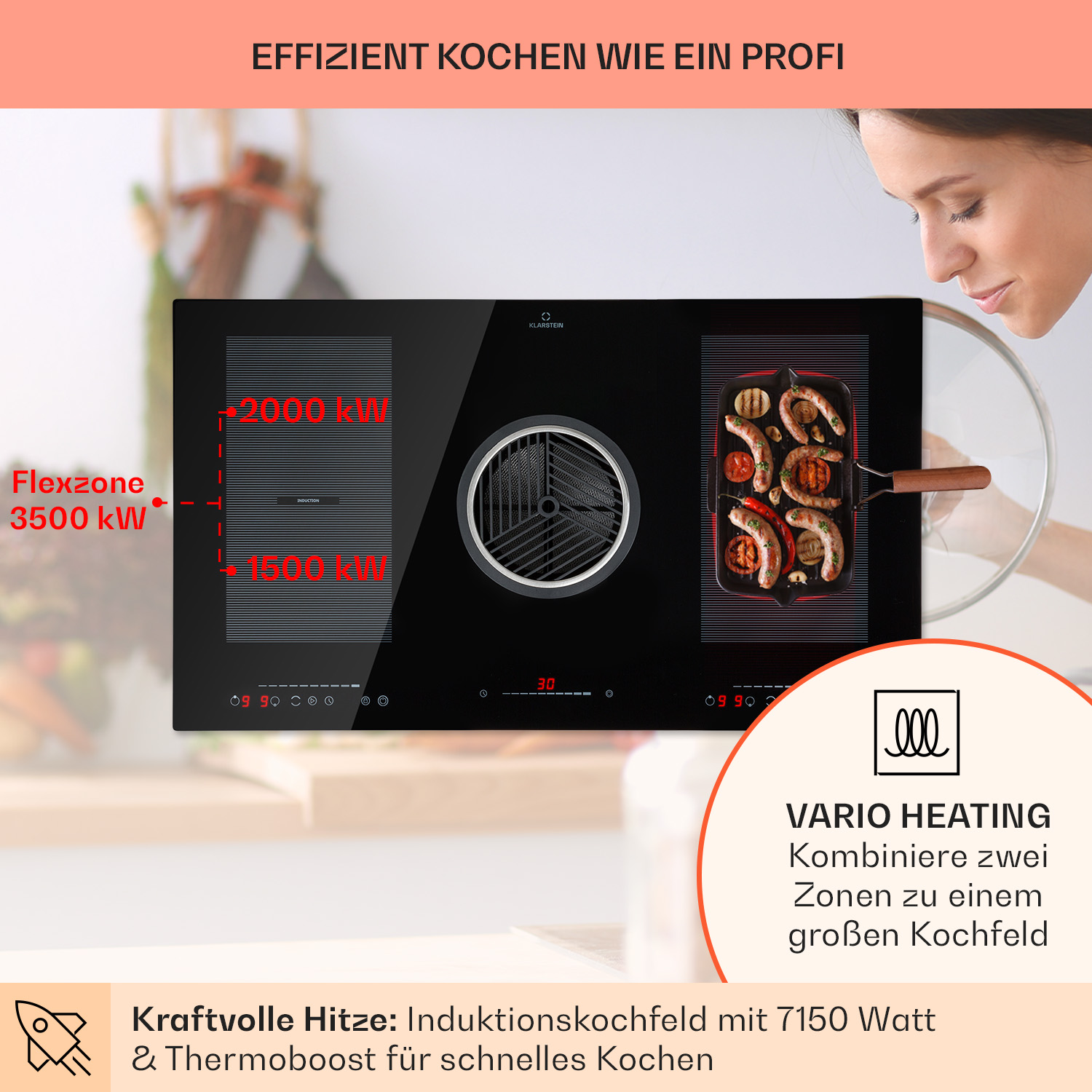 Ein Induktionskochfeld mit einer Frau, die es betrachtet, Zonen zeigt und Essen in einer Pfanne.