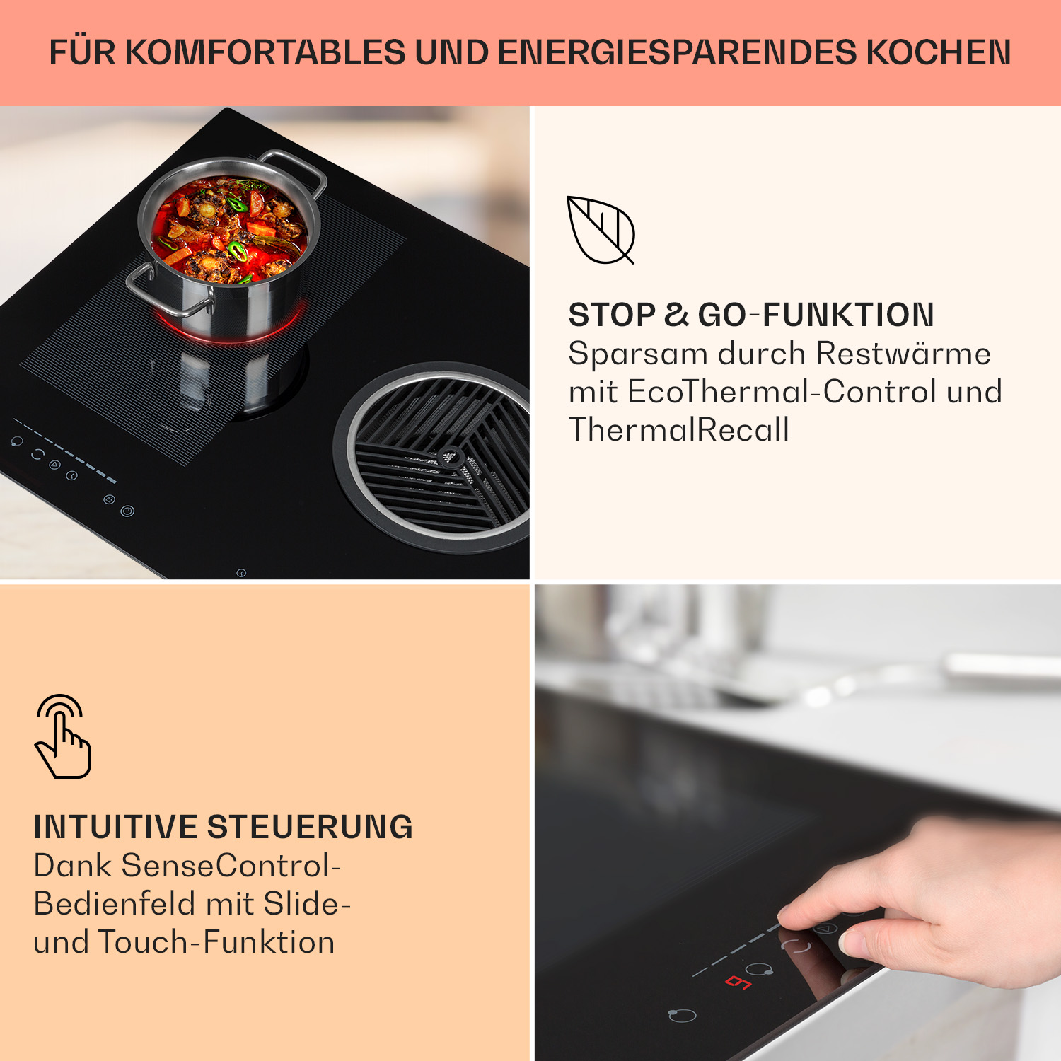 Ein Induktionskochfeld mit einem Topf und Text über Funktionen wie eine Stopp- und Go-Funktion.