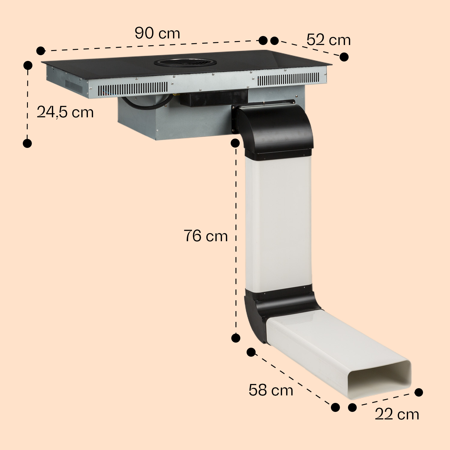 Eine Küchenabzugshaube mit beschrifteten Maßen: 90 cm Breite, 24,5 cm Höhe, 52 cm, 76 cm, 58 cm und 22 cm.