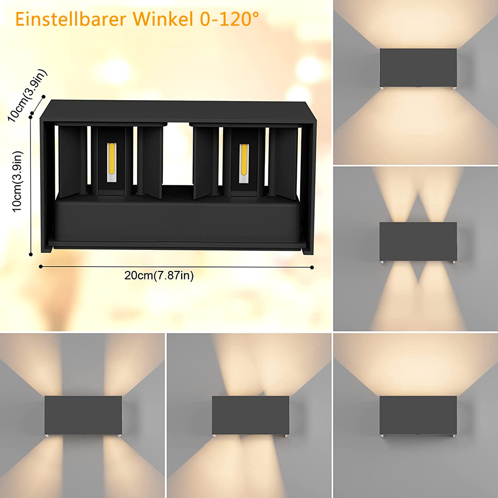 Schwarze Wandleuchte mit einstellbarem Winkel. Zeigt Lichtmuster an der Wand.