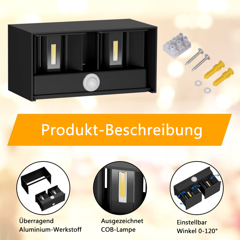 Schwarze LED-Außenleuchte mit Text und Diagrammen.