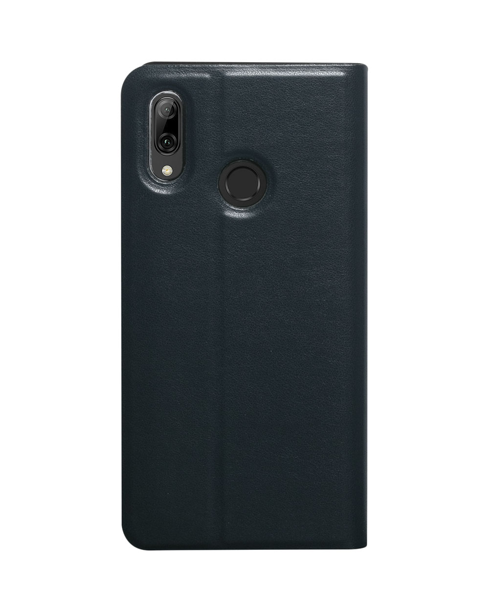 Una custodia per telefono blu scuro con un ritaglio per la fotocamera e il sensore di impronte digitali.