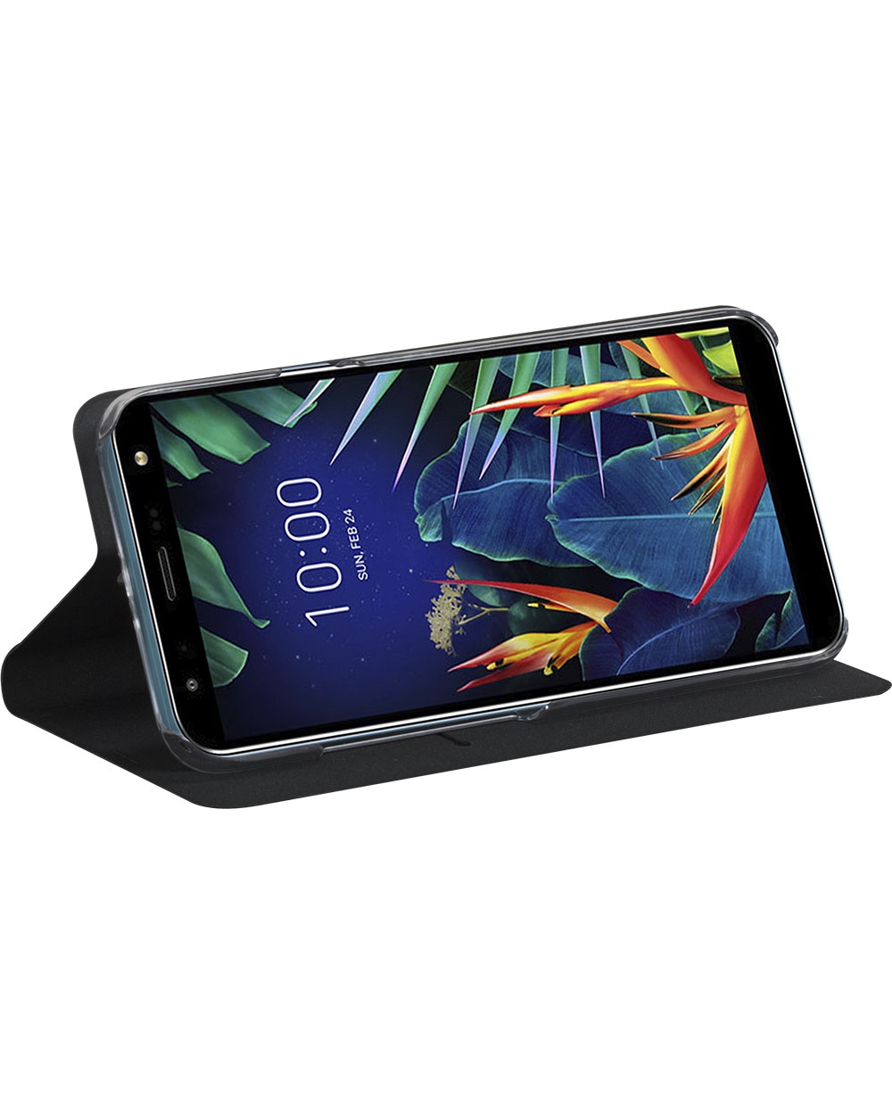 Uno smartphone in una custodia a libro, che mostra uno sfondo tropicale, su sfondo bianco.