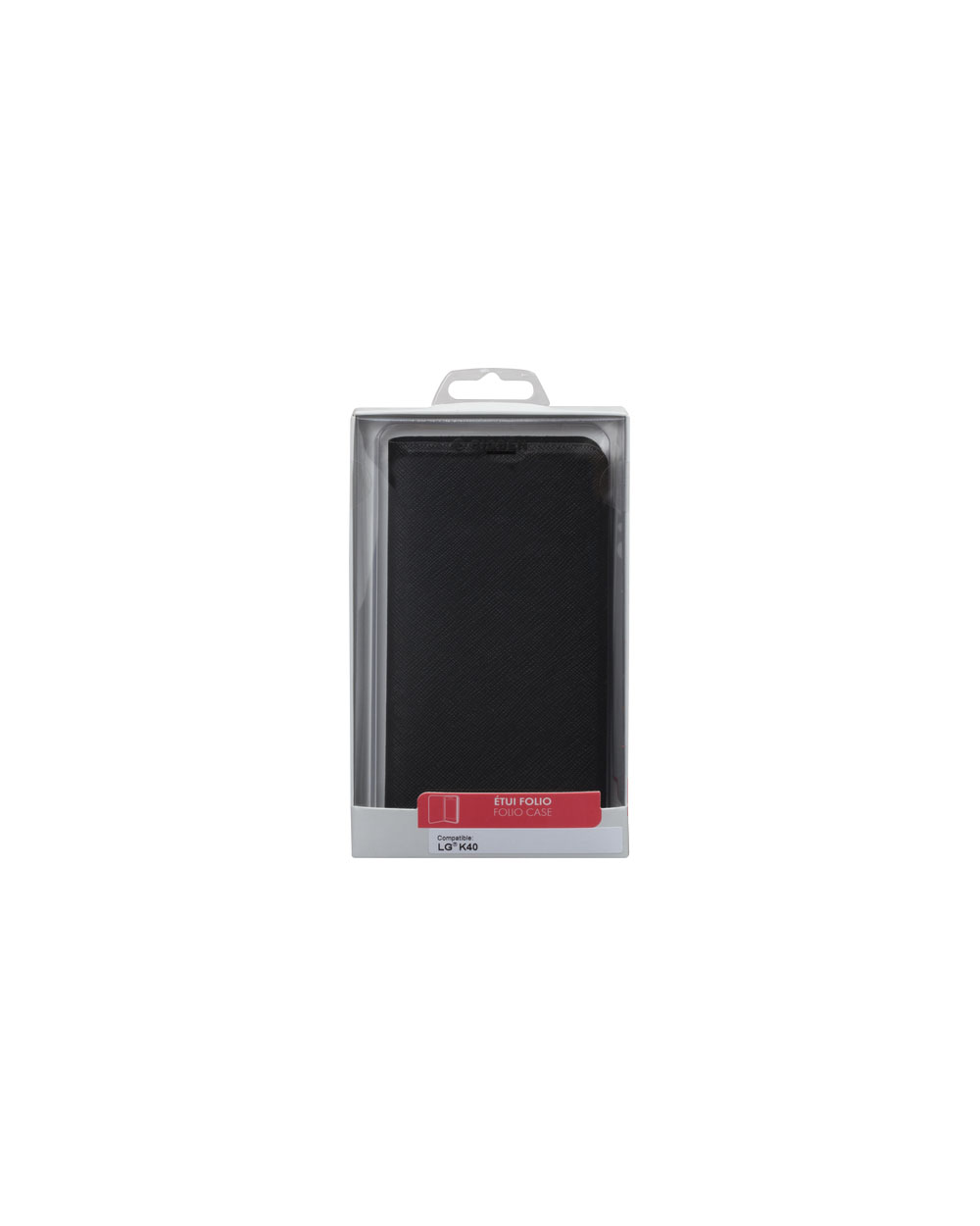 Custodia nera per telefono in scatola di plastica trasparente, sfondo bianco. Testo: LG K40.