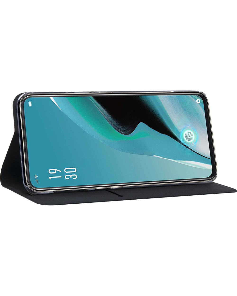 Telefono nero in custodia nera, schermo mostra l'ora. Custodia aperta, telefono angolato su sfondo bianco.