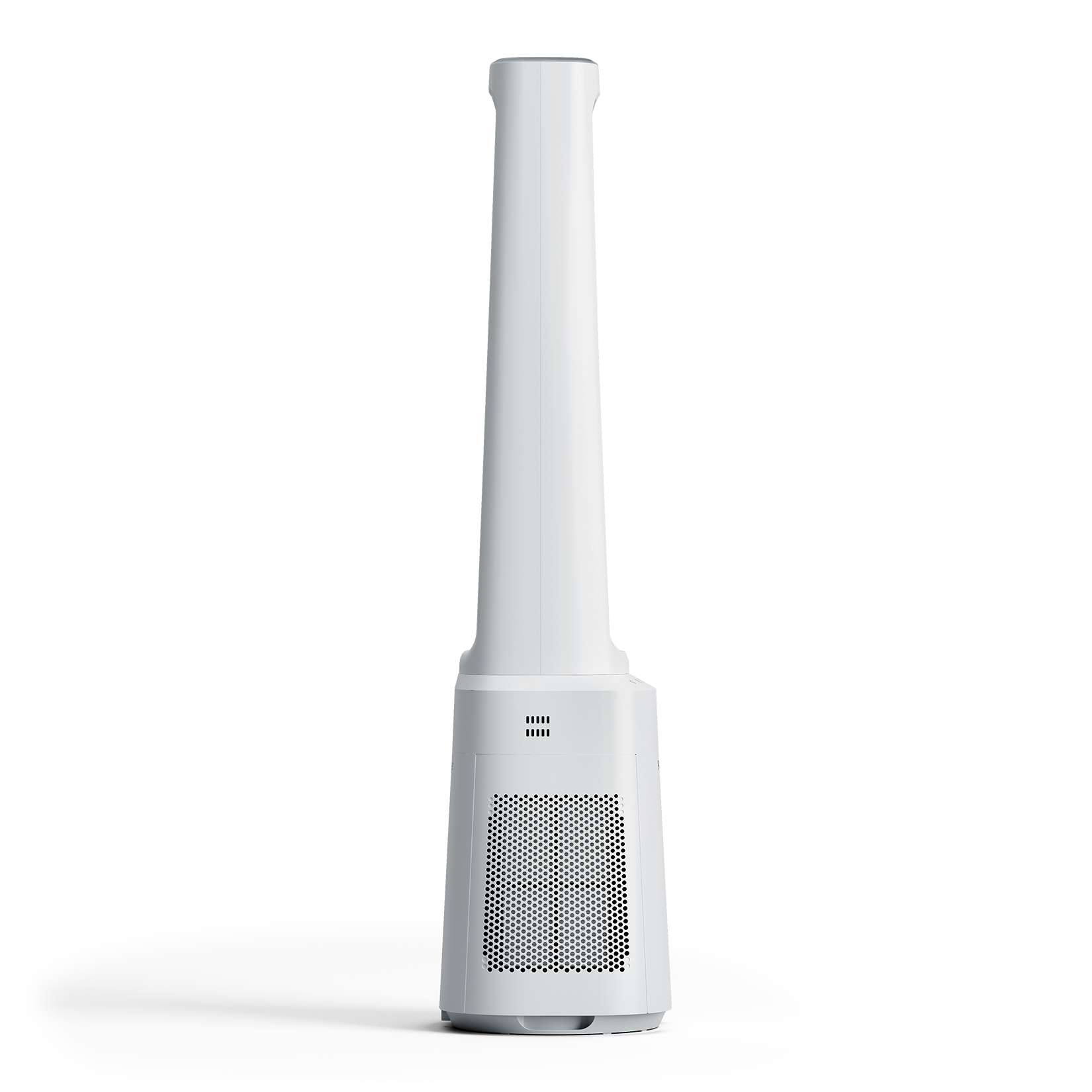 Weißer Turmventilator. Er hat einen hohen, schlanken Körper mit einem Gitter oben und einem Netz unten.
