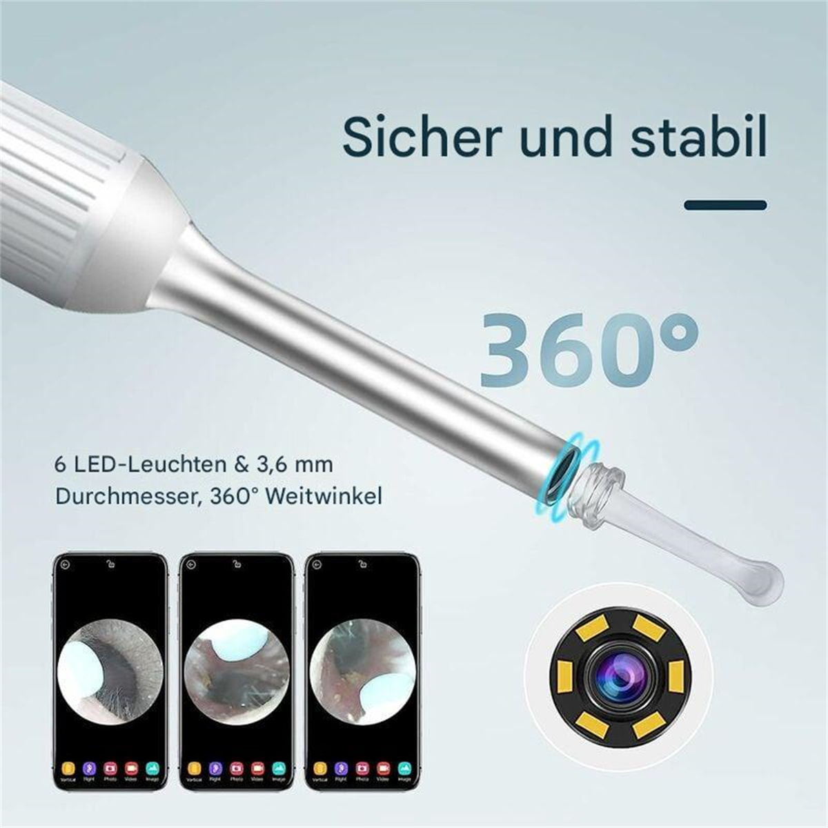 Nahaufnahme eines Ohrenuntersuchungsgeräts mit Bildschirm, der Gehörgangbilder zeigt, und Text.