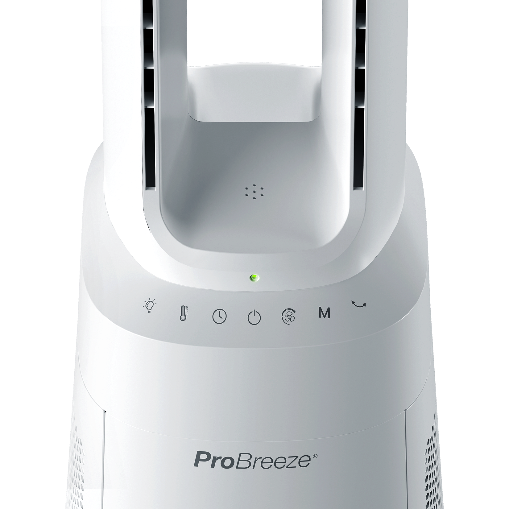 Weißer Turmventilator mit Bedienfeld und Symbolen, ProBreeze-Marke sichtbar.